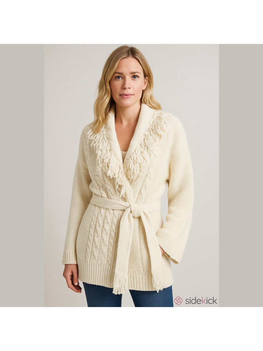NWT Davi & Dani Cream Fringe Belted Cable Knit Cardigan Women Small